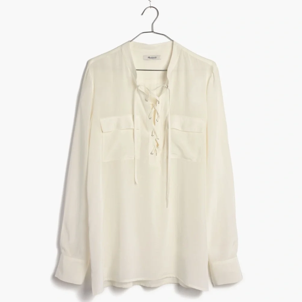 Madewell Silk Lace Up Blouse in Ivory Off-White - Picture 2 of 16